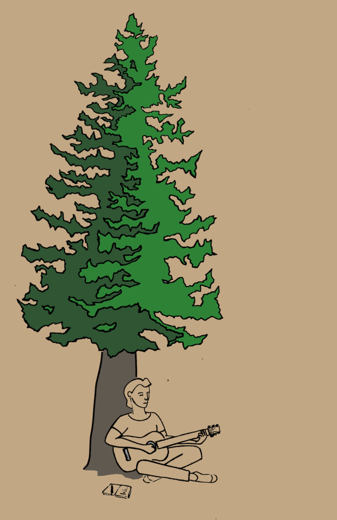 Illustration of a songwriter with guitar and notebook under a large evergreen tree